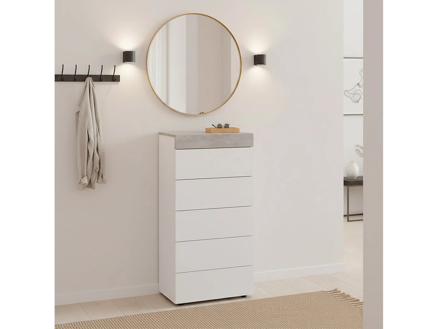Comò Cassettiera Settimino Per Camera Da Letto Con 5 Cassetti Design Moderno Salvaspazio Con Maniglie Nascoste 110 x 40 x 61 Cm Bianco E Grigio Cemento