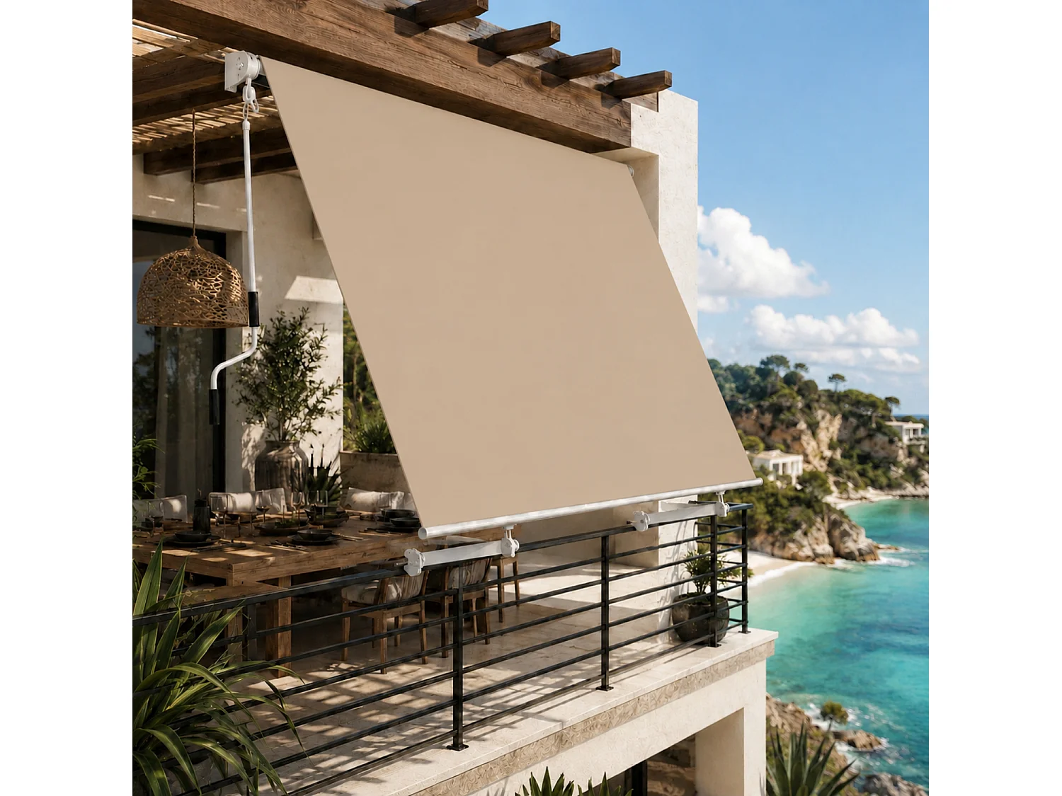 Tenda Da Sole Con Manovella Telaio In Alluminio Tessuto In poliestere Per Balcone Terrazza Veranda Esterni Riparo Raggi Solari E Privacy 250x250x50 cm Beige