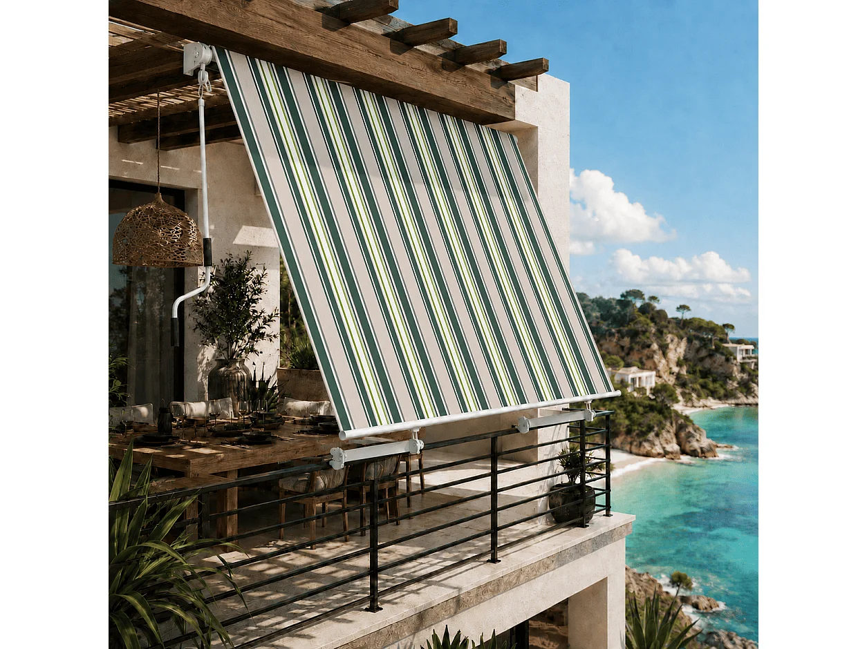 Tenda Da Sole Con Manovella In Alluminio E Tessuto Poliestere 280G Protezione Solare E Privacy Per Balcone Terrazza Veranda Cm Verde E Beige