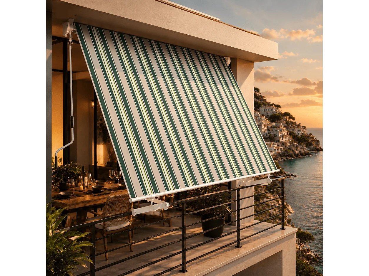 Tenda Da Sole Con Manovella In Alluminio E Tessuto Poliestere 280G Protezione Solare E Privacy Per Balcone Terrazza Veranda Cm Verde E Beige