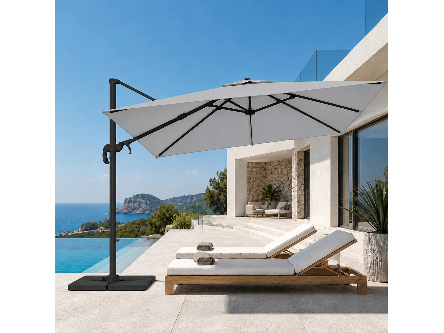 Ombrellone 3x3 M Con Braccio Retrattile Per Piscina Gazebo Terrazze Bar Hotel Struttura In Acciaio Inossidabile Rotazione Completa 360° Impermeabile Grigio Chiaro