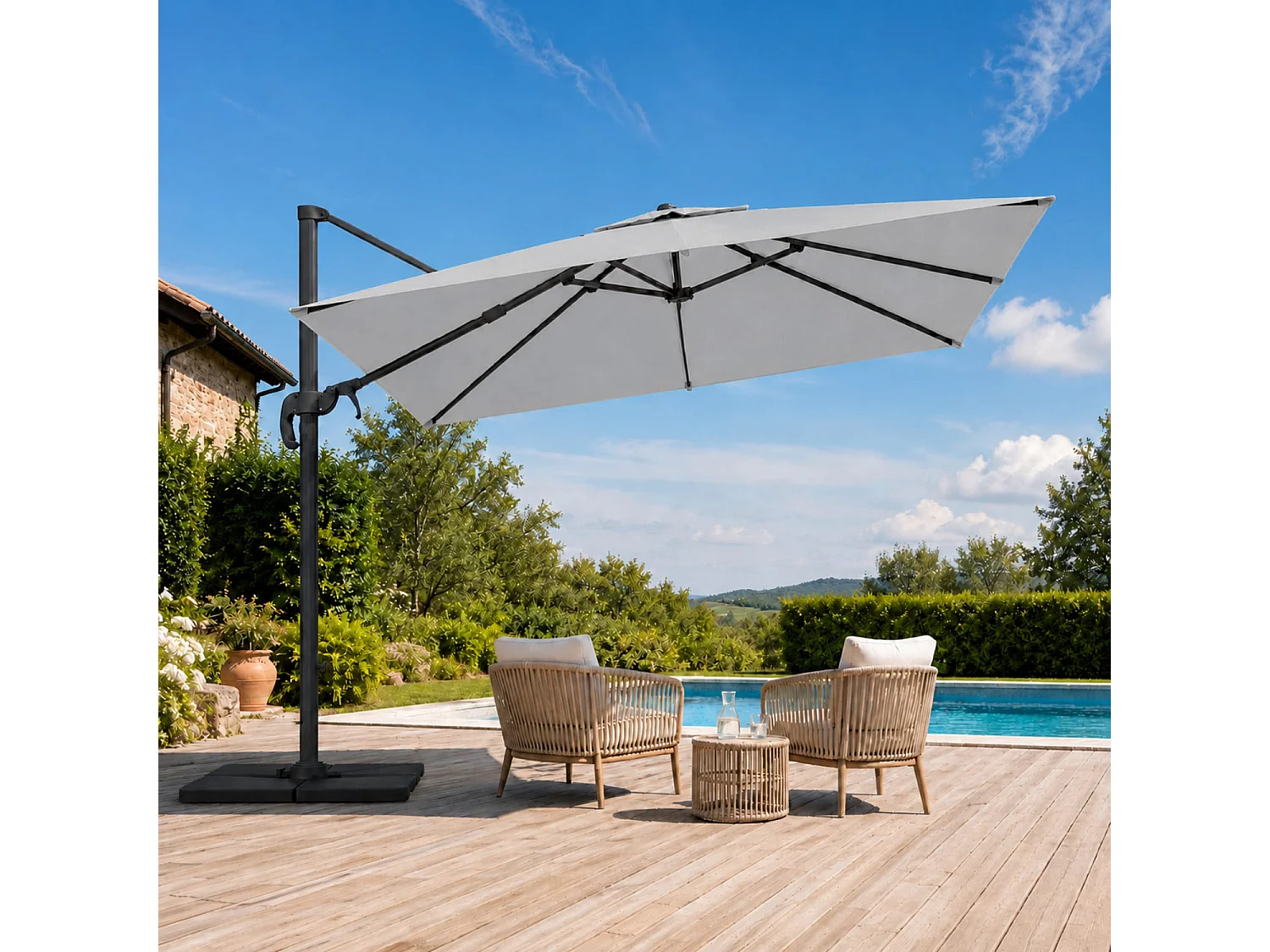 Ombrellone 3x3 M Con Braccio Retrattile Per Piscina Gazebo Terrazze Bar Hotel Struttura In Acciaio Inossidabile Rotazione Completa 360° Impermeabile Grigio Chiaro