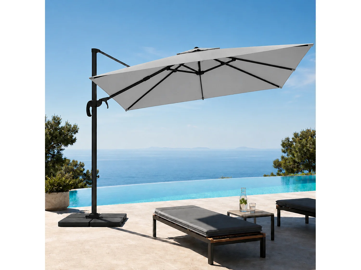Ombrellone 3x4 M In Acciaio Retrattile Per Piscina Gazebo Terrazze Bar Hotel In Acciaio Inossidabile Con Braccio Rotabile 360° Telo Impermeabile Grigio Chiaro