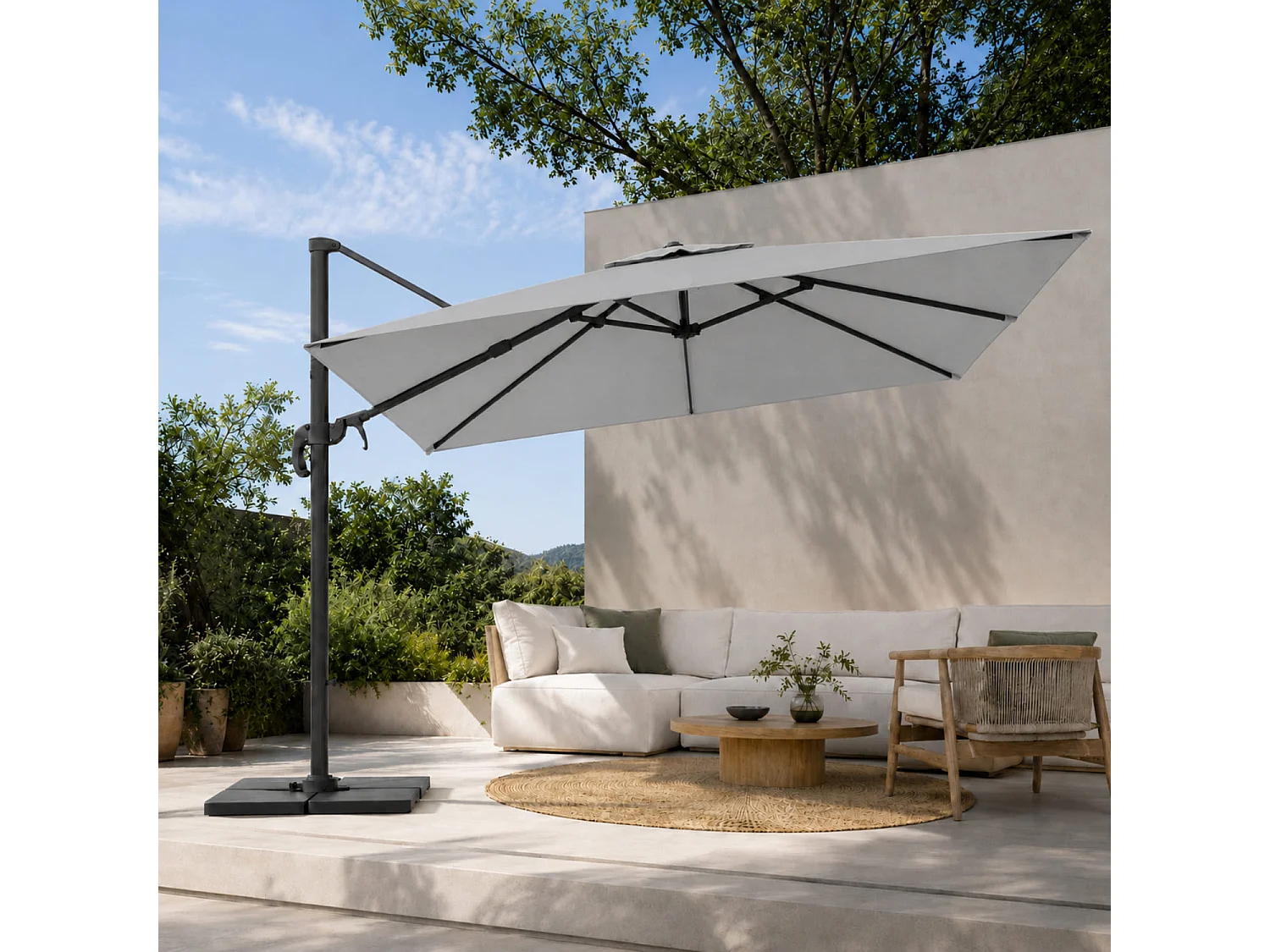 Ombrellone 3x4 M In Acciaio Retrattile Per Piscina Gazebo Terrazze Bar Hotel In Acciaio Inossidabile Con Braccio Rotabile 360° Telo Impermeabile Grigio Chiaro