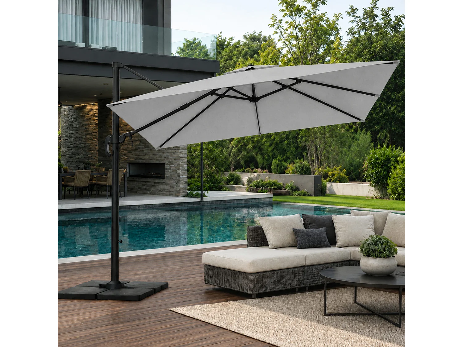 Ombrellone 3x4 M In Acciaio Retrattile Per Piscina Gazebo Terrazze Bar Hotel In Acciaio Inossidabile Con Braccio Rotabile 360° Telo Impermeabile Grigio Chiaro
