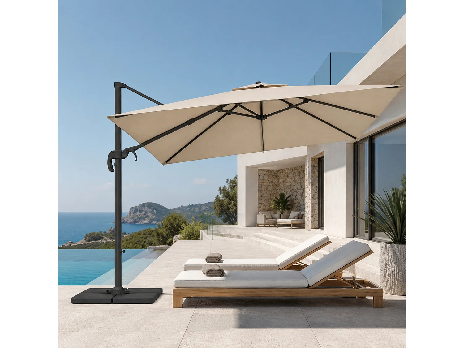 Ombrellone 3X3 M Braccio Retrattile Per Piscina Terrazze Bar Hotel In Acciaio Inossidabile Con Rotazione Braccio 360° Telo 180 G M2 Impermeabile Resistente UV Beige