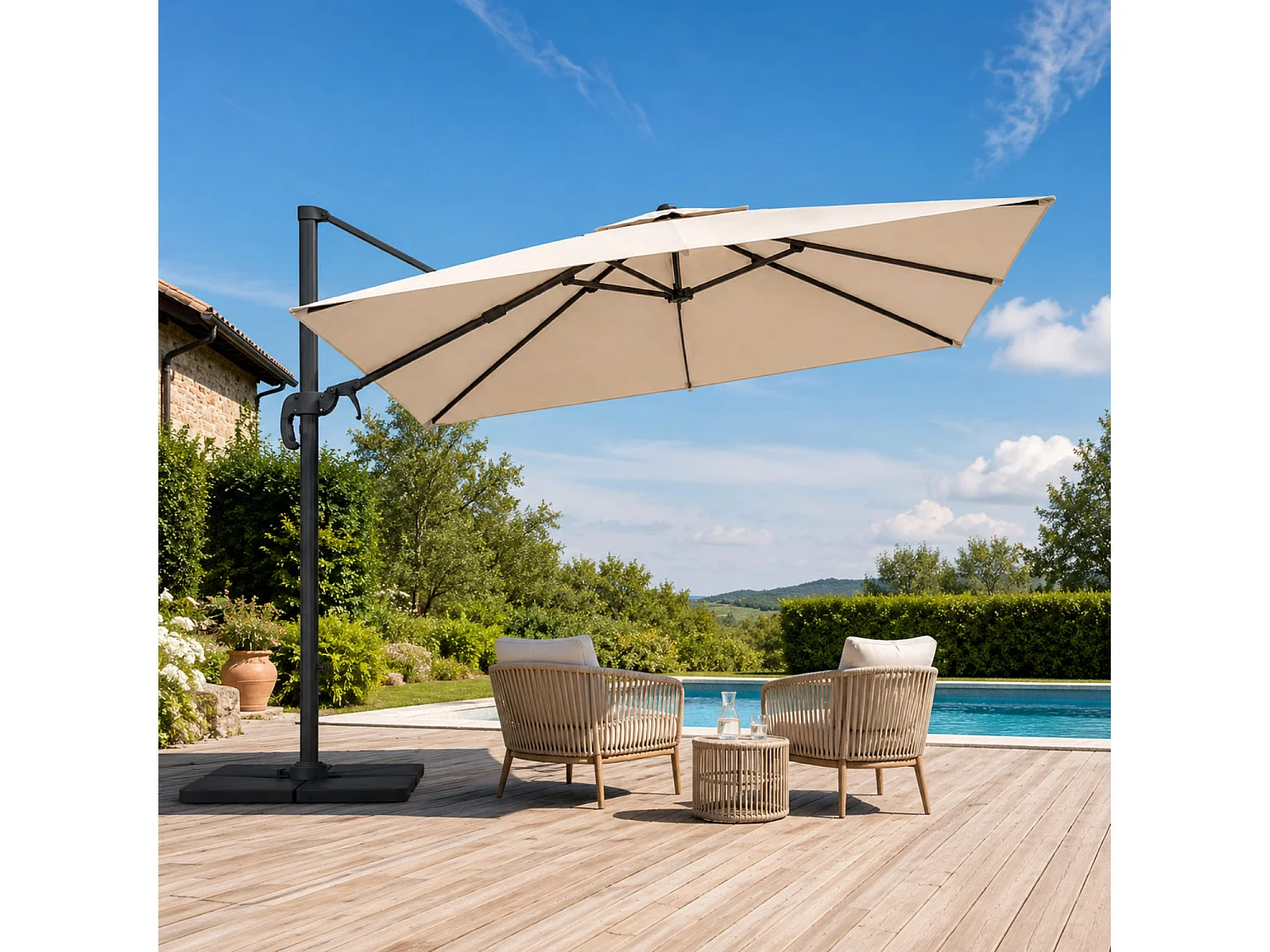 Ombrellone 3X3 M Braccio Retrattile Per Piscina Terrazze Bar Hotel In Acciaio Inossidabile Con Rotazione Braccio 360° Telo 180 G M2 Impermeabile Resistente UV Beige