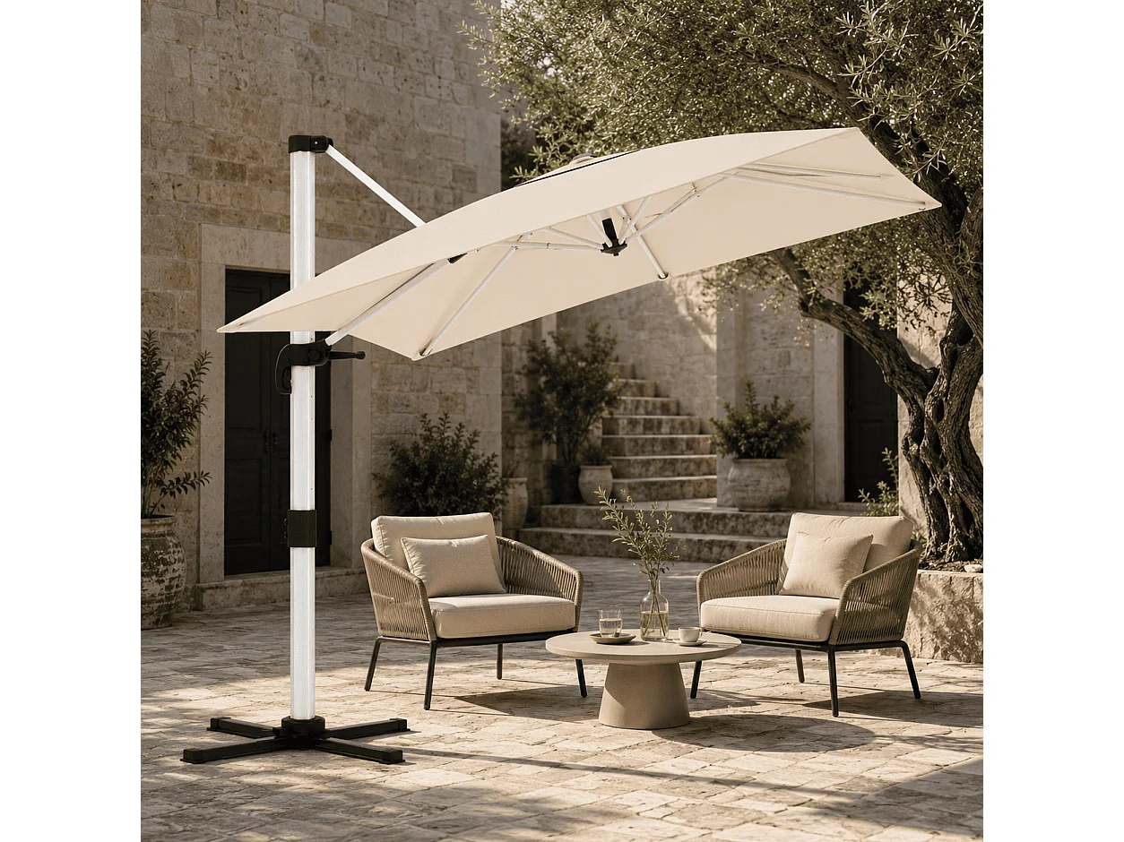 Ombrellone Decentrato 3X3 Metri Struttura Alluminio Antiruggine Base Croce Telo Impermeabile UV50+ Inclinabile Giardino Terrazza Patio Piscina 300x300x260 Cm Beige