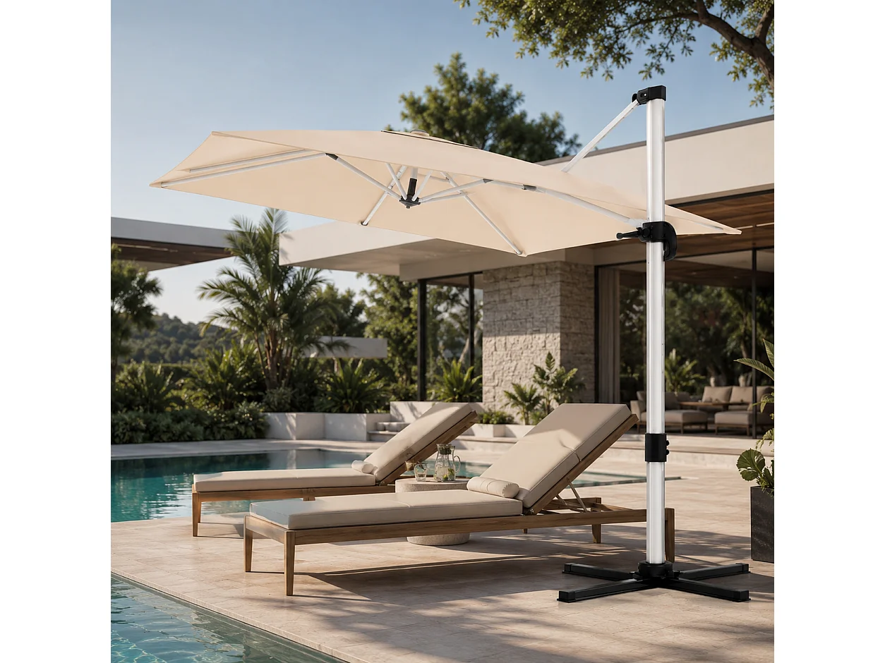Ombrellone Decentrato 3X3 Metri Struttura Alluminio Antiruggine Base Croce Telo Impermeabile UV50+ Inclinabile Giardino Terrazza Patio Piscina 300x300x260 Cm Beige