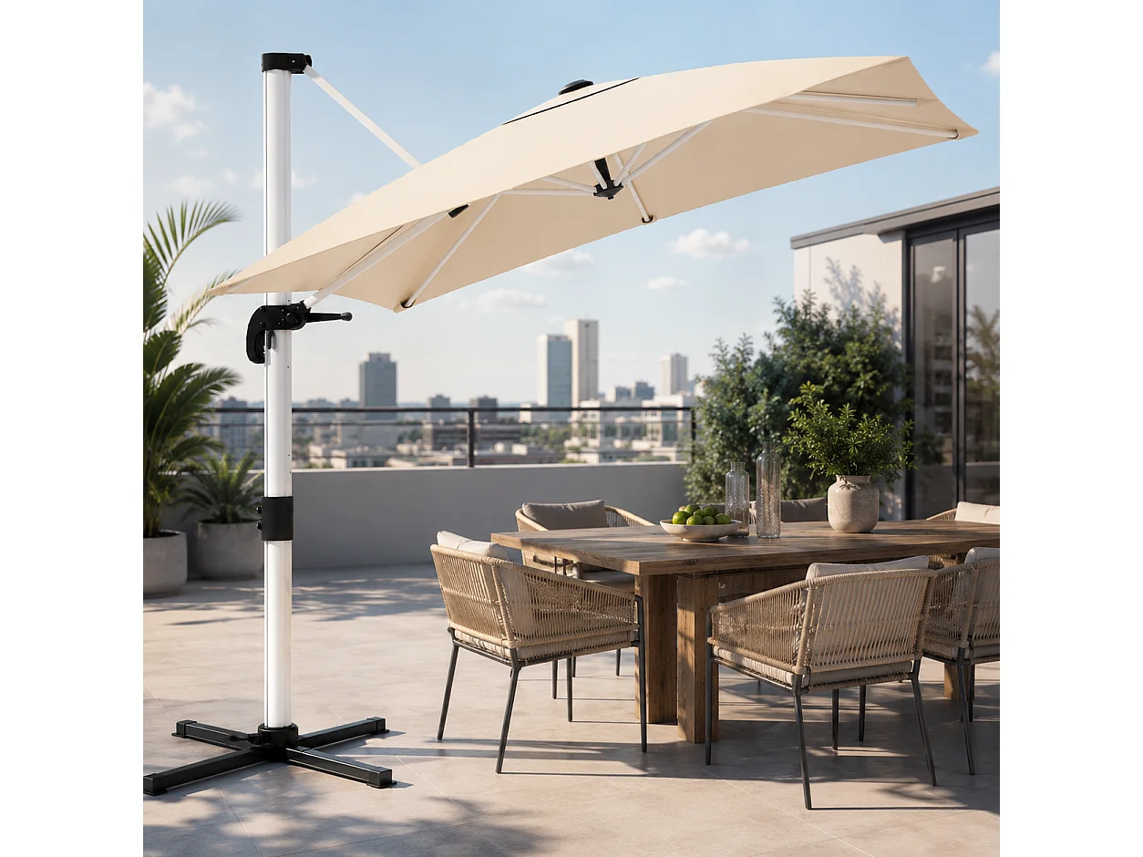 Ombrellone Decentrato 3X3 Metri Struttura Alluminio Antiruggine Base Croce Telo Impermeabile UV50+ Inclinabile Giardino Terrazza Patio Piscina 300x300x260 Cm Beige