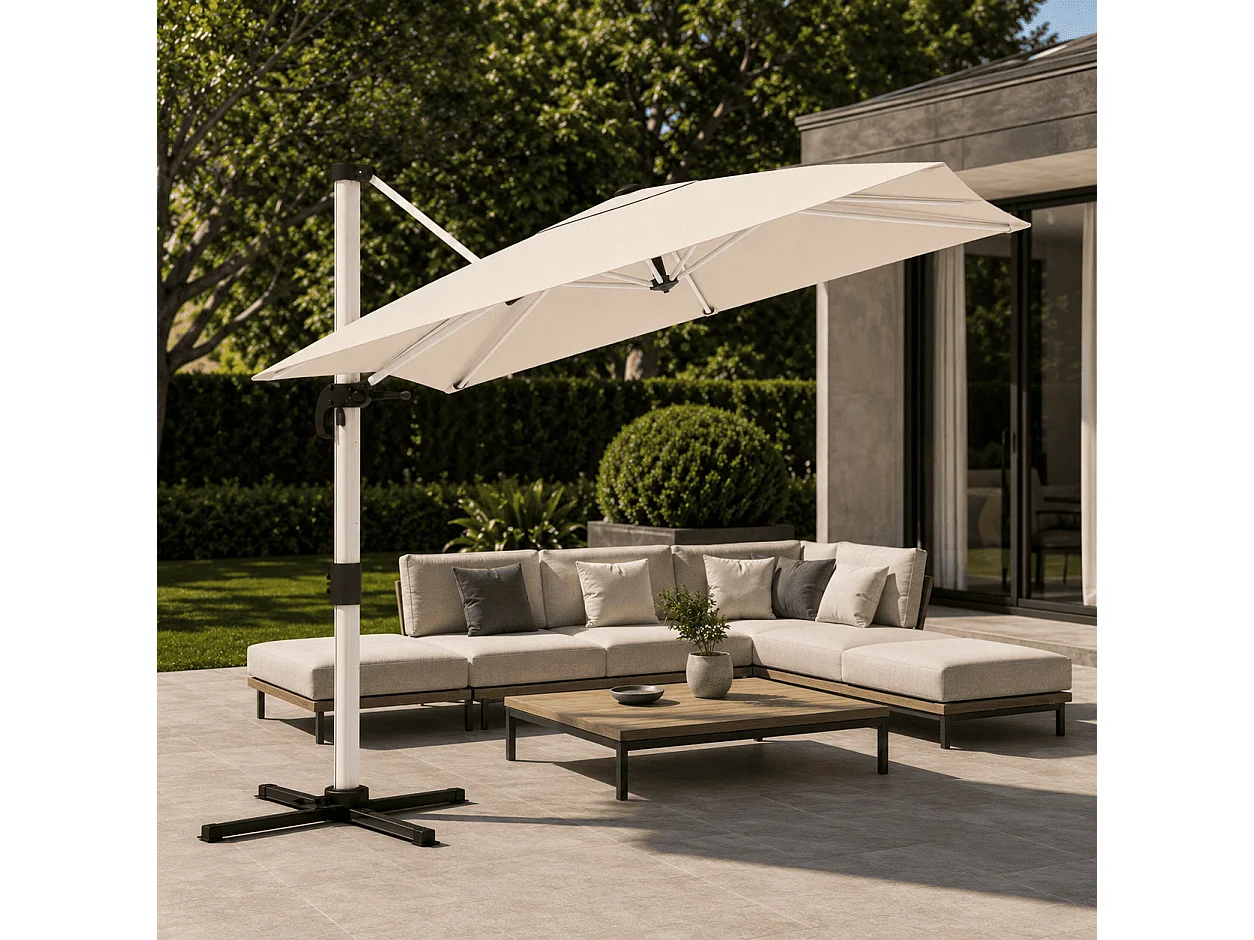 Ombrellone Decentrato 3X3 Metri Struttura Alluminio Antiruggine Base Croce Telo Impermeabile UV50+ Inclinabile Giardino Terrazza Patio Piscina 300x300x260 Cm Beige