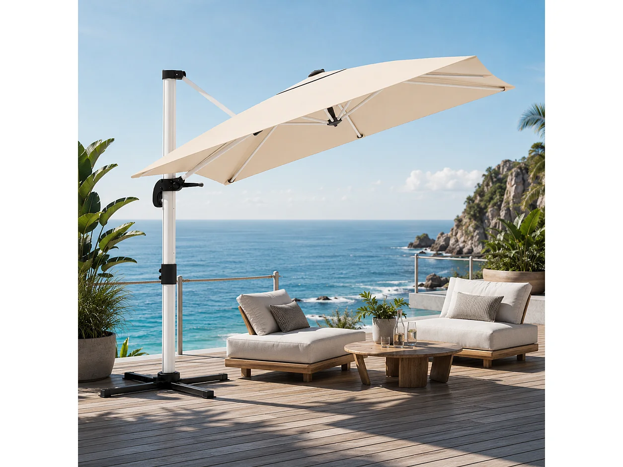 Ombrellone Decentrato 3X3 Metri Struttura Alluminio Antiruggine Base Croce Telo Impermeabile UV50+ Inclinabile Giardino Terrazza Patio Piscina 300x300x260 Cm Beige