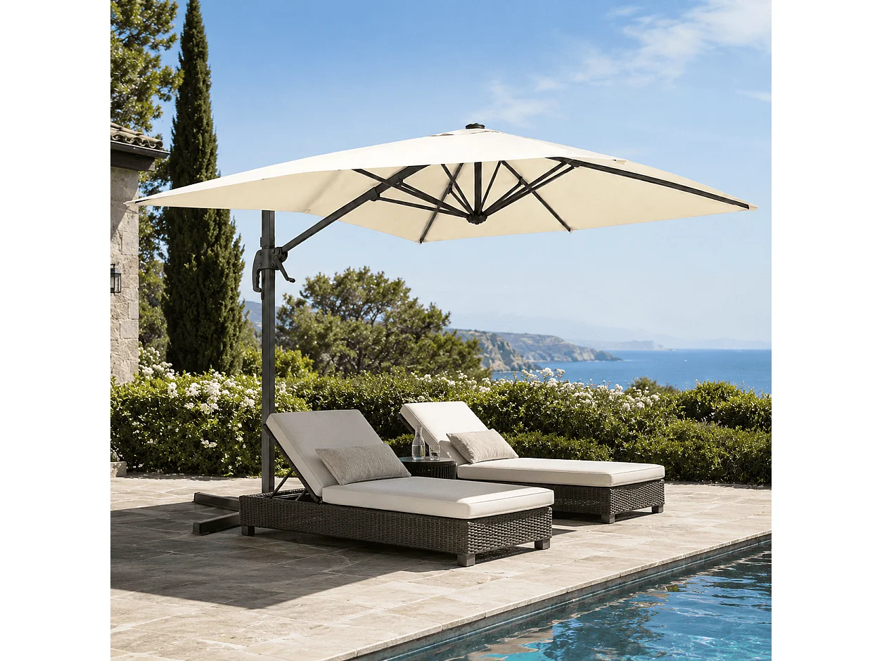 Ombrellone Girevole 360° Decentrato Con Struttura In Alluminio Rettangolare E Braccio In Acciaio Base a Croce Per Giardino E Patio 4X3 M Ecrù