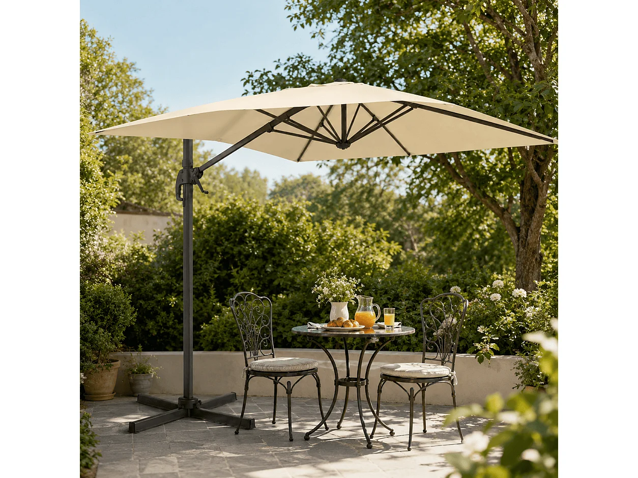 Ombrellone Girevole 360° Decentrato Con Struttura In Alluminio Rettangolare E Braccio In Acciaio Base a Croce Per Giardino E Patio 4X3 M Ecrù