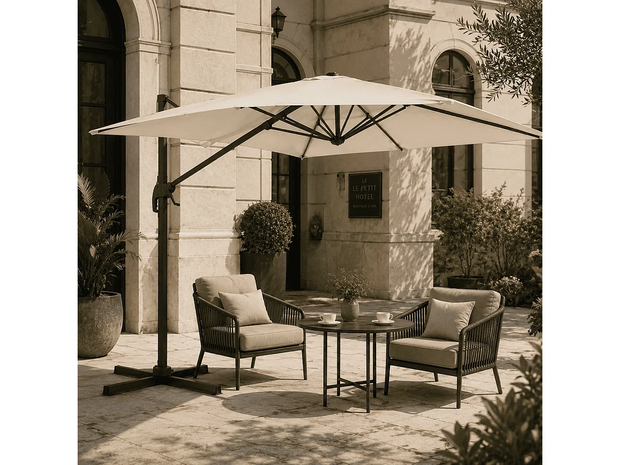 Ombrellone Girevole 360° Decentrato Con Struttura In Alluminio Rettangolare E Braccio In Acciaio Base a Croce Per Giardino E Patio 4X3 M Ecrù
