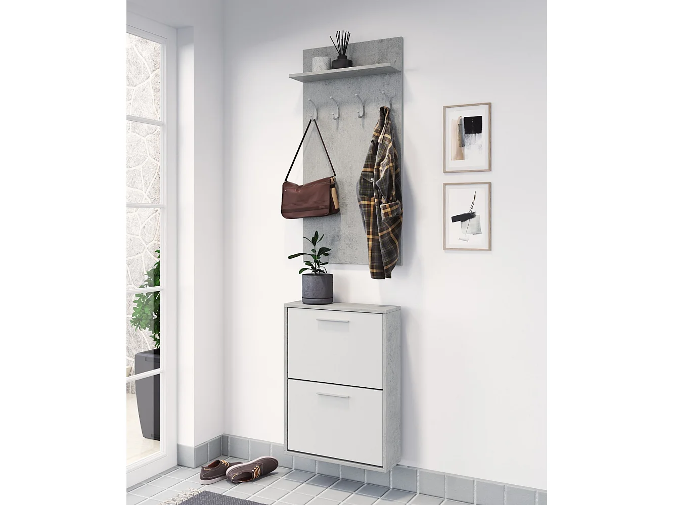 Set Ingresso Salvaspazio con Scarpiera 2 Ribalte e Appendiabiti da Parete con Mensola Mobile Moderno 54 x 73 x 18 Cm Bianco E Grigio Cemento