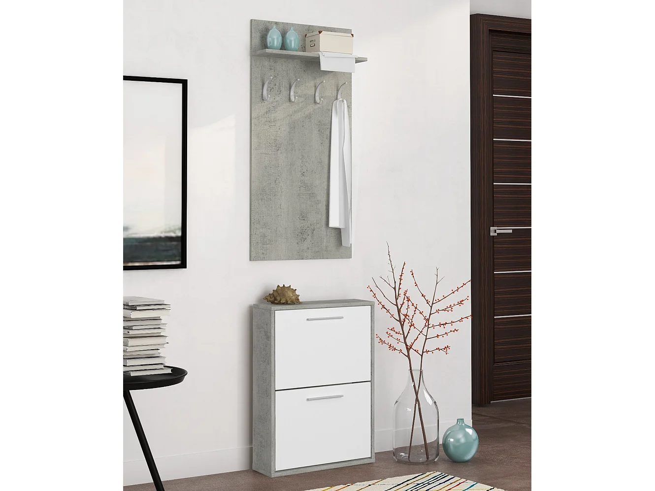 Set Ingresso Salvaspazio con Scarpiera 2 Ribalte e Appendiabiti da Parete con Mensola Mobile Moderno 54 x 73 x 18 Cm Bianco E Grigio Cemento