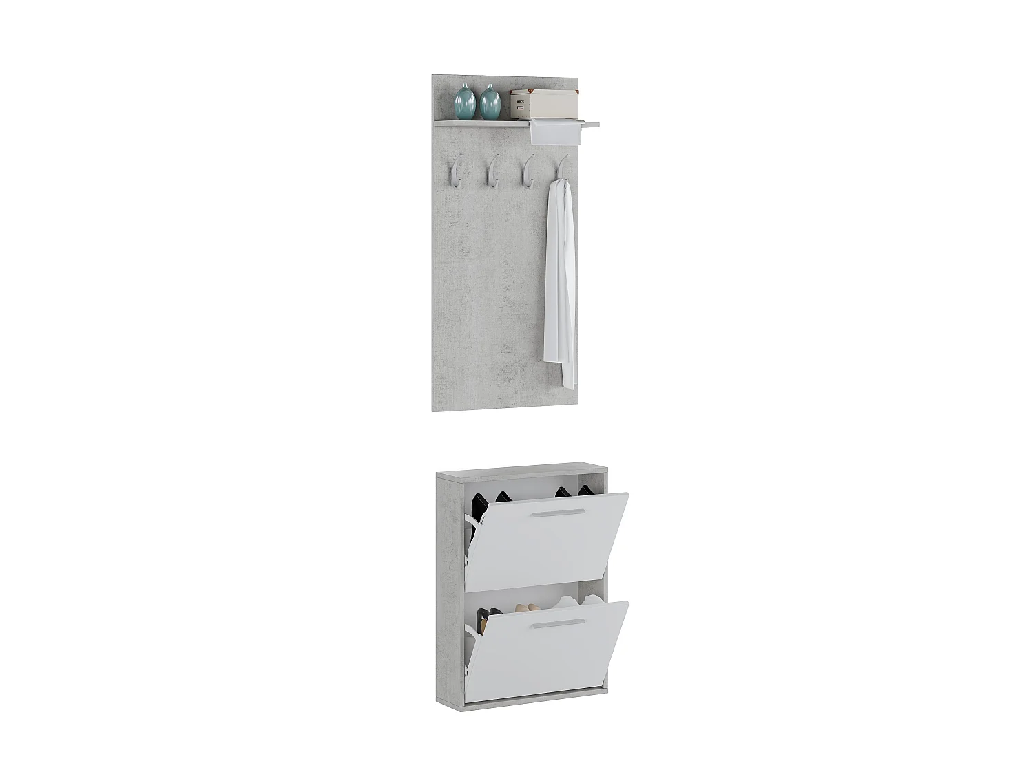 Set Ingresso Salvaspazio con Scarpiera 2 Ribalte e Appendiabiti da Parete con Mensola Mobile Moderno 54 x 73 x 18 Cm Bianco E Grigio Cemento