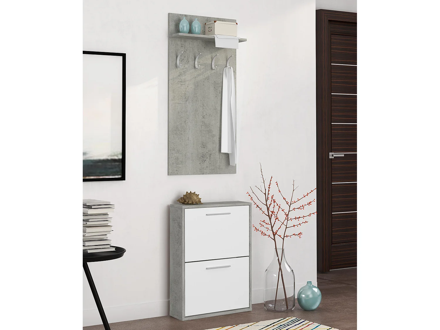 Set Ingresso Salvaspazio con Scarpiera 2 Ribalte e Appendiabiti da Parete con Mensola Mobile Moderno 54 x 73 x 18 Cm Bianco E Grigio Cemento