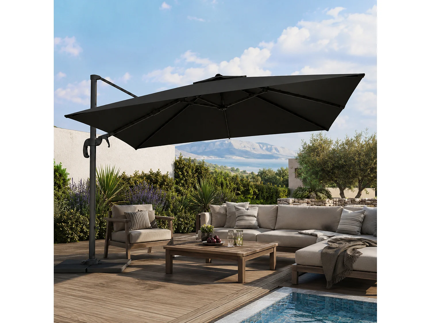 Ombrellone 3x3 M Con Braccio Retrattile Per Piscina Gazebo Terrazze Bar Hotel In Acciaio Inossidabile Braccio Rotabile 360° Telo Resistente Impermeabile Nero