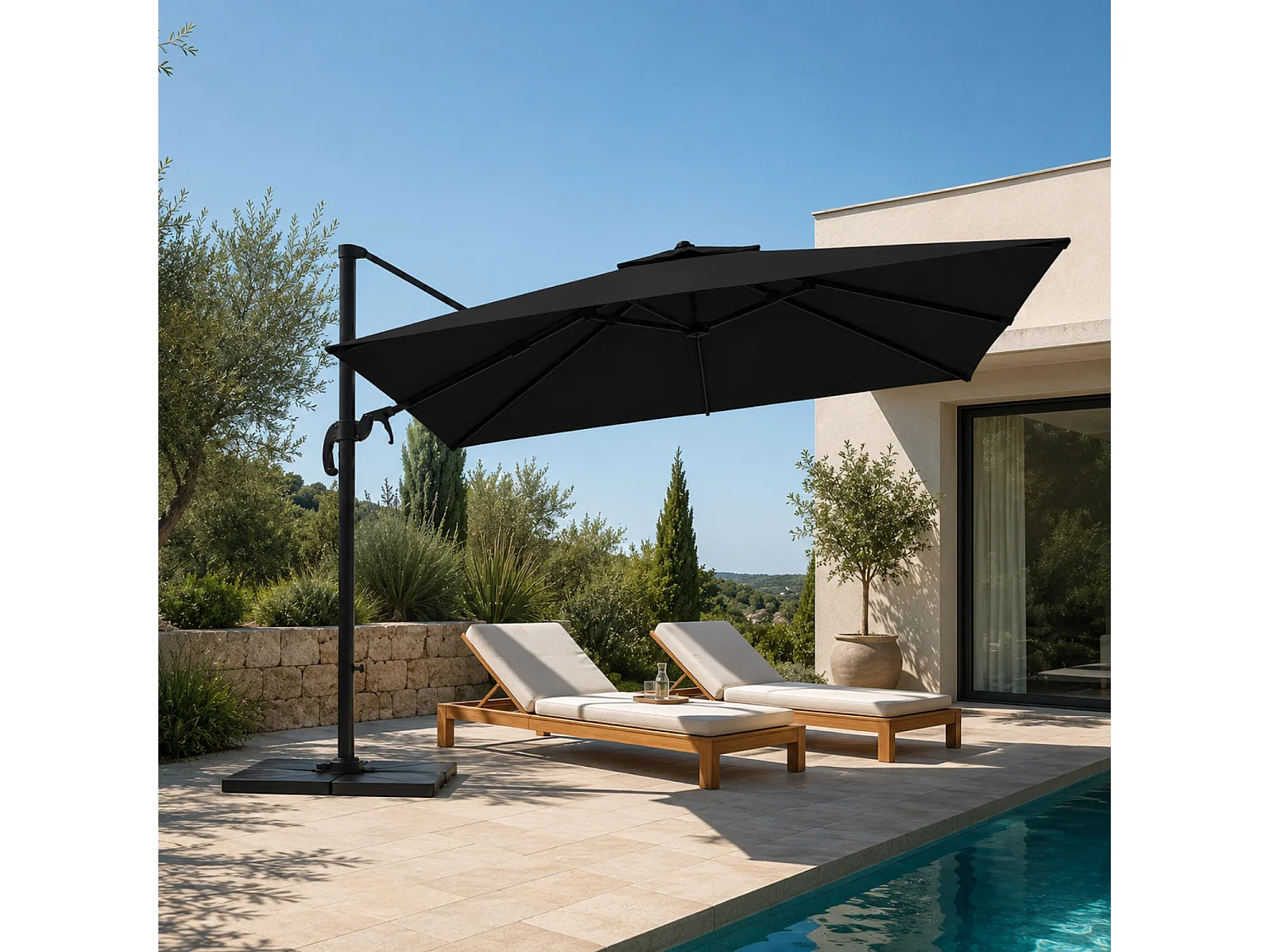 Ombrellone 3x3 M Con Braccio Retrattile Per Piscina Gazebo Terrazze Bar Hotel In Acciaio Inossidabile Braccio Rotabile 360° Telo Resistente Impermeabile Nero
