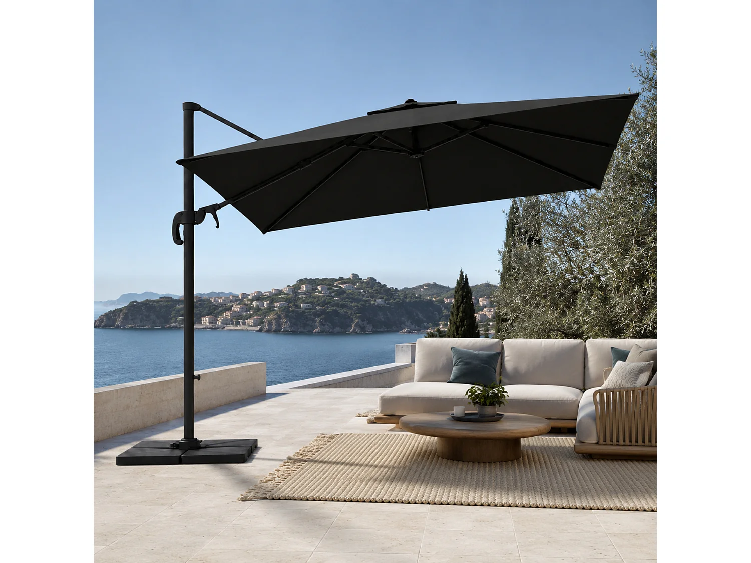 Ombrellone 3x3 M Con Braccio Retrattile Per Piscina Gazebo Terrazze Bar Hotel In Acciaio Inossidabile Braccio Rotabile 360° Telo Resistente Impermeabile Nero