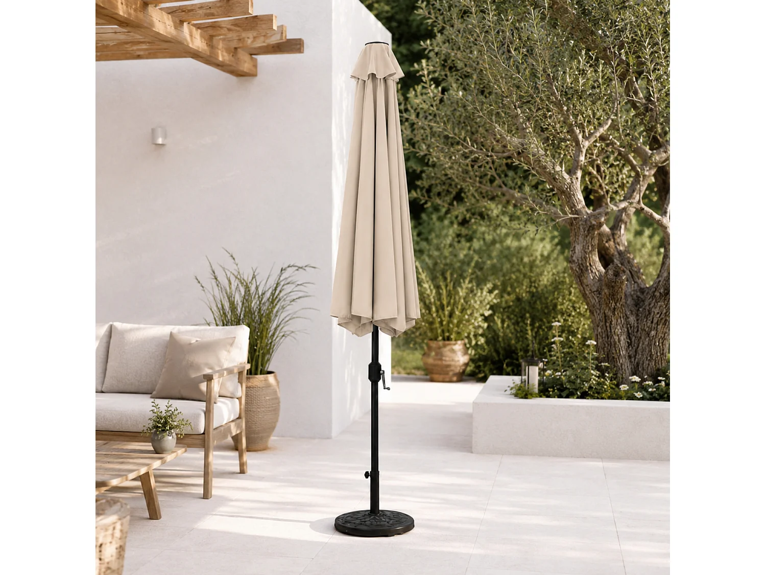 Ombrellone Quadrato 3x3 Metri Da Giardino Con Manovella Struttura In Acciaio Palo Centrale Telo Poliestere Cotone 160 G Mq Per Patio Piscina Relax Tortora