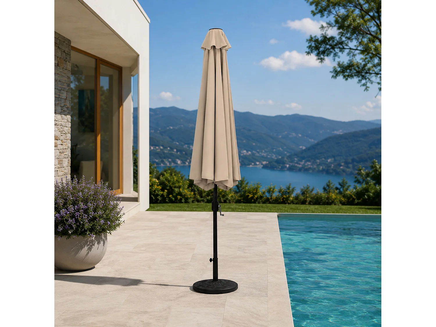 Ombrellone Quadrato 3x3 Metri Da Giardino Con Manovella Struttura In Acciaio Palo Centrale Telo Poliestere Cotone 160 G Mq Per Patio Piscina Relax Tortora