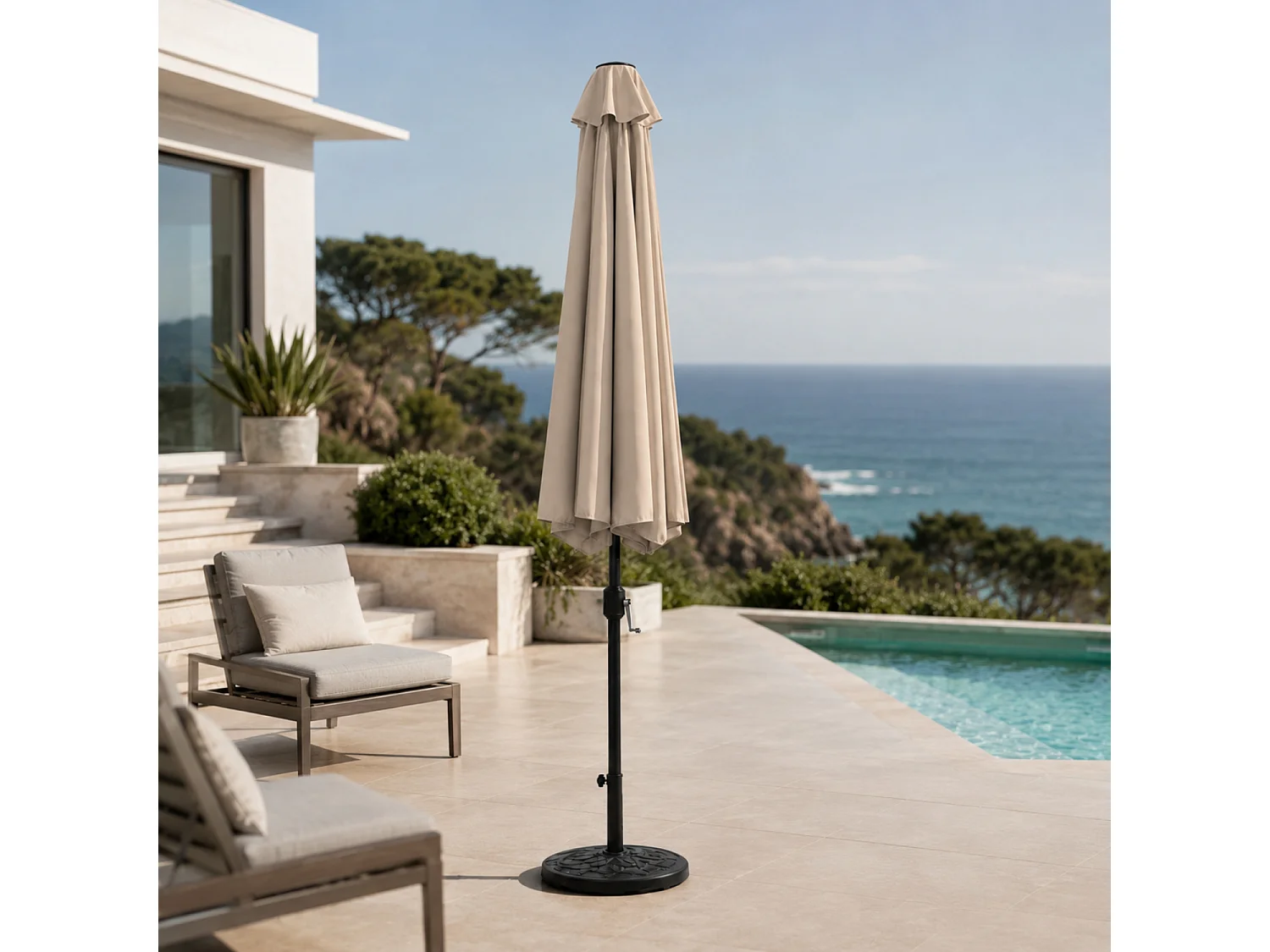 Ombrellone Quadrato 3x3 Metri Da Giardino Con Manovella Struttura In Acciaio Palo Centrale Telo Poliestere Cotone 160 G Mq Per Patio Piscina Relax Tortora