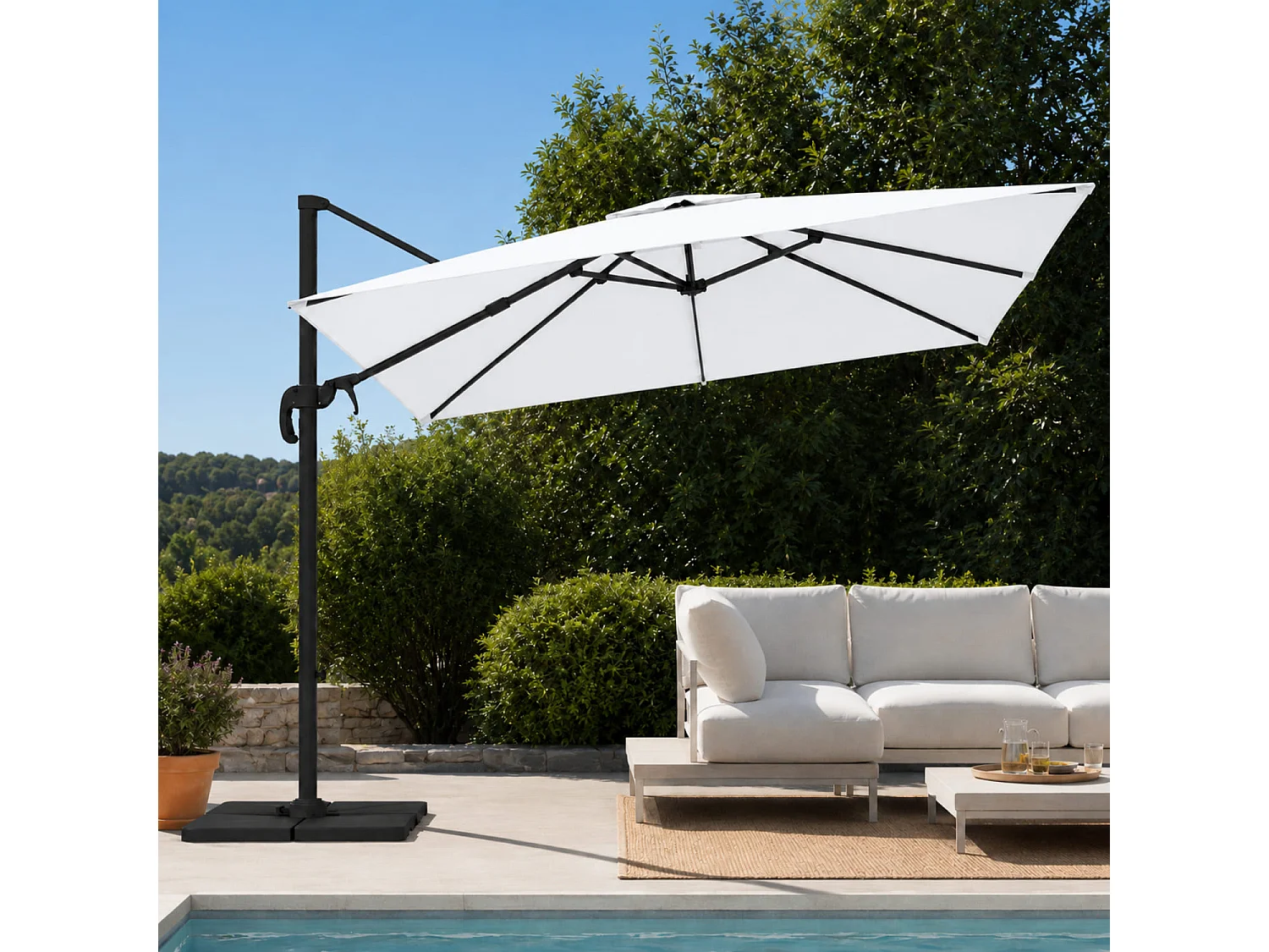 Ombrellone 3x4 M Giardino Con Braccio Pieghevole Per Piscina Gazebo Terrazze Bar Hotel In Acciaio Inossidabile Braccio Rotabile 360° Telo Impermeabile Bianco