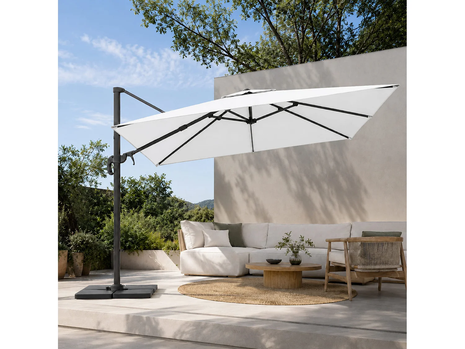 Ombrellone 3x4 M Giardino Con Braccio Pieghevole Per Piscina Gazebo Terrazze Bar Hotel In Acciaio Inossidabile Braccio Rotabile 360° Telo Impermeabile Bianco