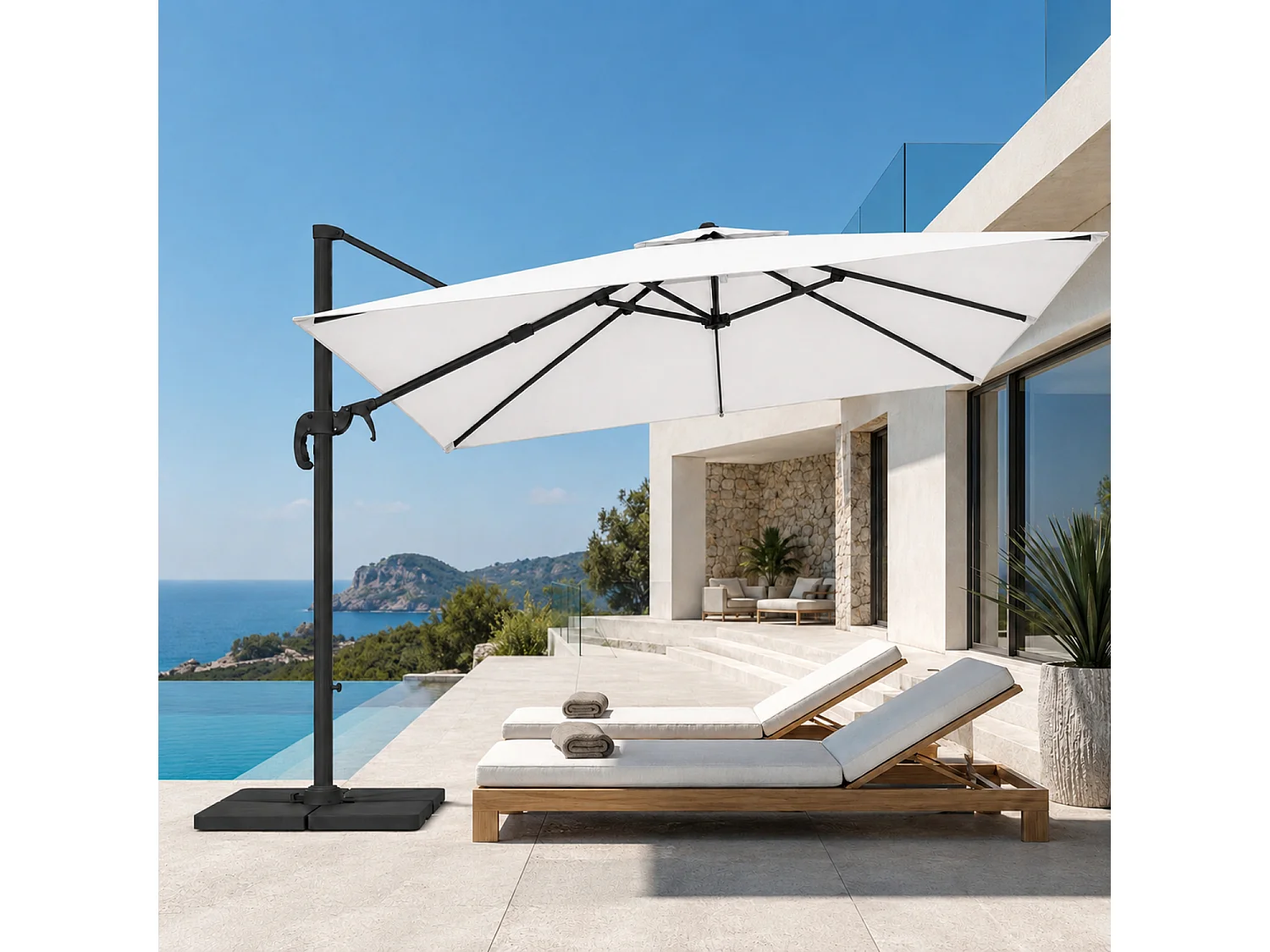 Ombrellone Per Esterni 3X3 M Con Braccio Laterale Retrattile E Rotazione 360° In Acciaio Adatto A Giardino Piscina Terrazze Bar Hotel Con Telo Impermeabile Bianco