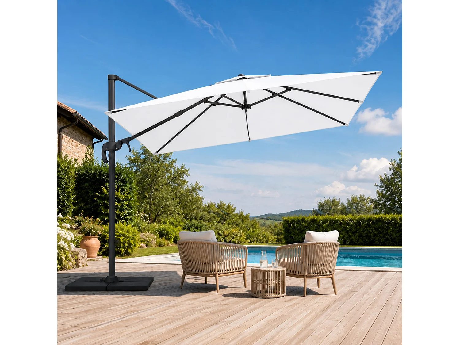 Ombrellone Per Esterni 3X3 M Con Braccio Laterale Retrattile E Rotazione 360° In Acciaio Adatto A Giardino Piscina Terrazze Bar Hotel Con Telo Impermeabile Bianco