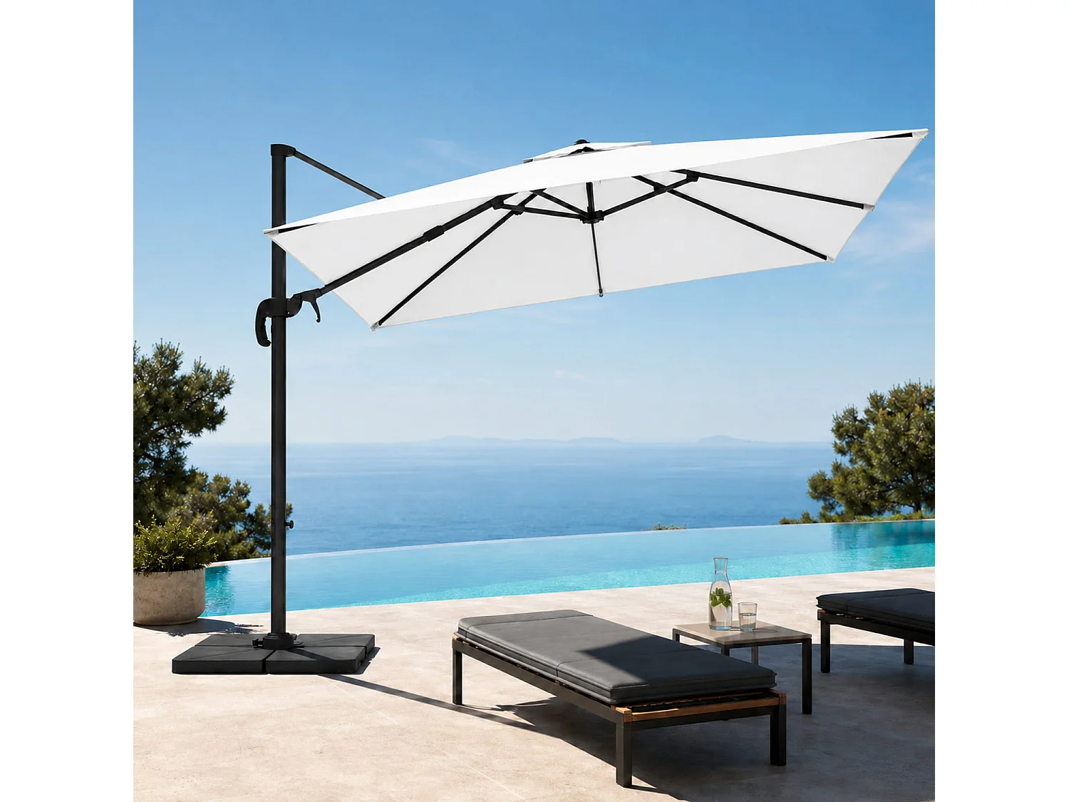 Ombrellone Per Esterni 3X3 M Con Braccio Laterale Retrattile E Rotazione 360° In Acciaio Adatto A Giardino Piscina Terrazze Bar Hotel Con Telo Impermeabile Bianco
