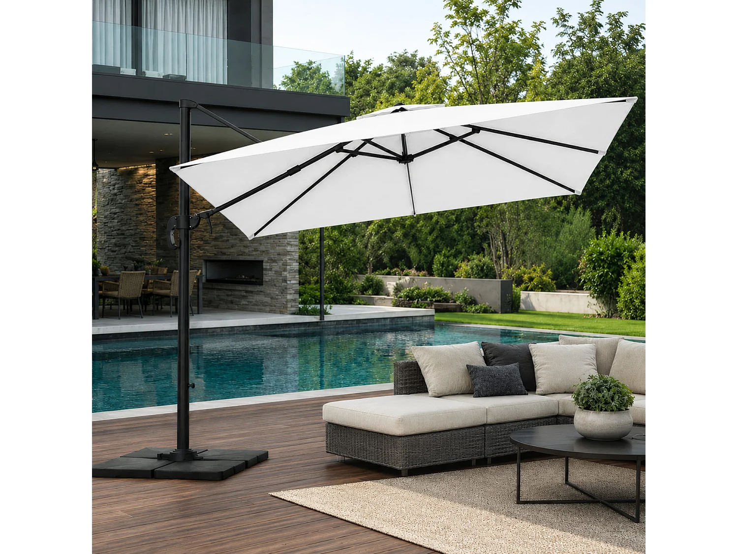 Ombrellone Per Esterni 3X3 M Con Braccio Laterale Retrattile E Rotazione 360° In Acciaio Adatto A Giardino Piscina Terrazze Bar Hotel Con Telo Impermeabile Bianco