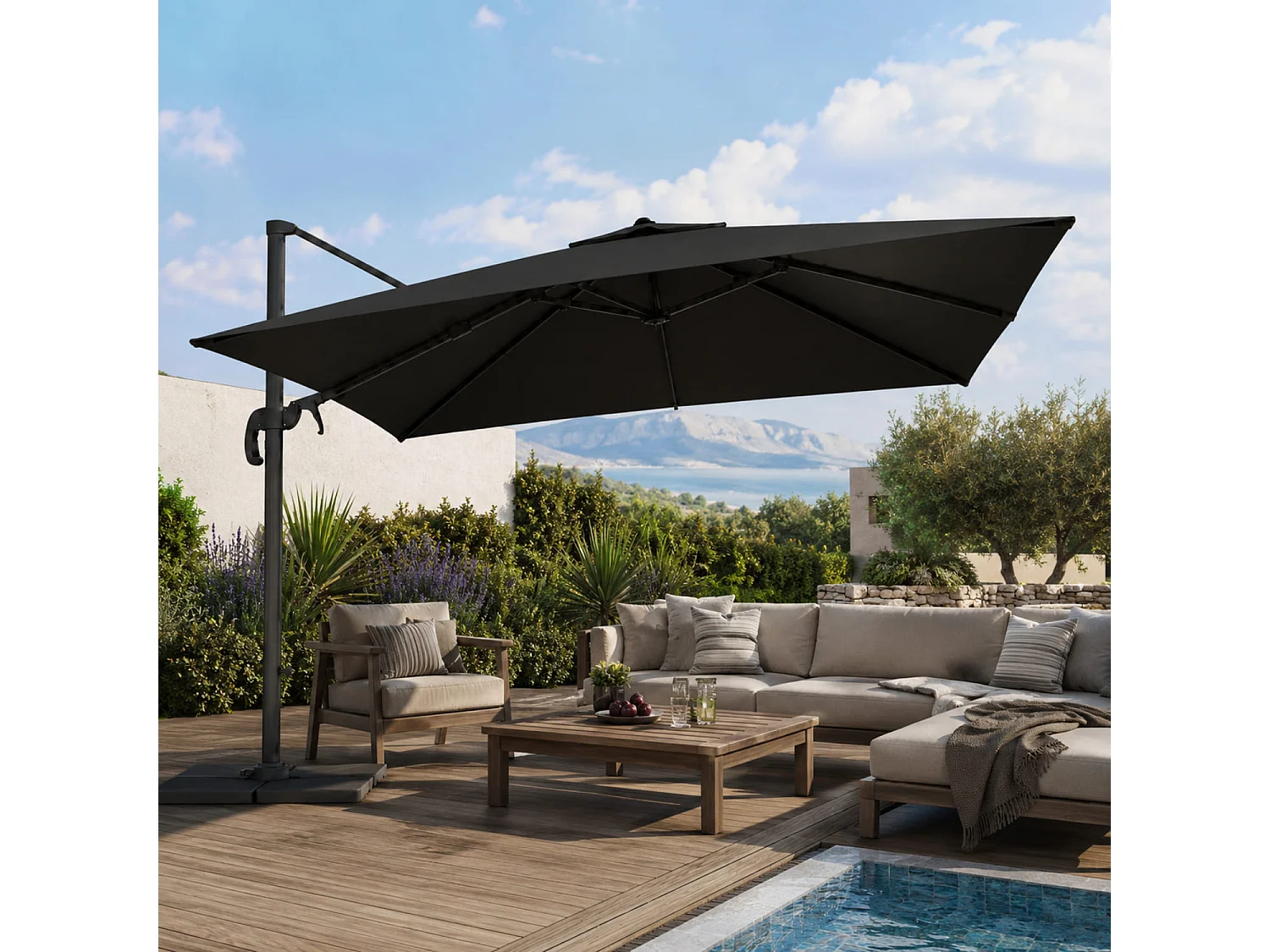 Ombrellone 3x4 Metri A Braccio Retrattile Per Giardino Piscina Terrazze Bar Hotel Con Struttura In Acciaio E Rotazione  A 360° Telo Impermeabile Nero