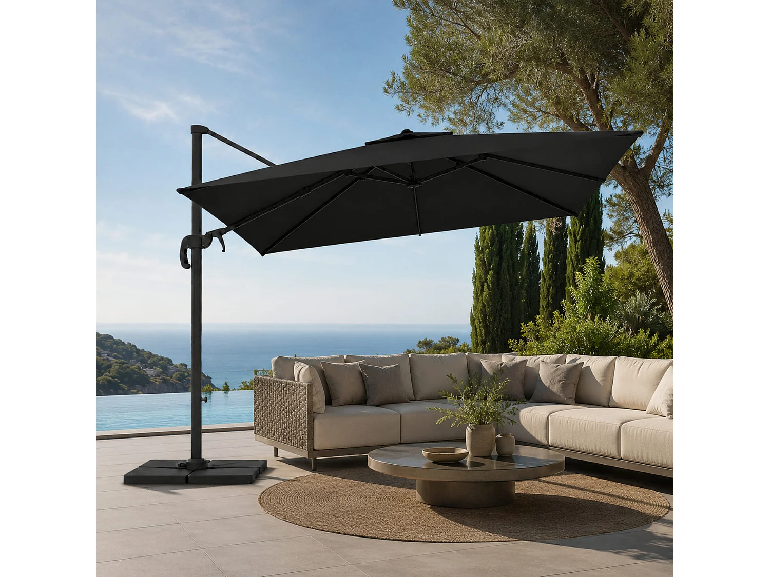 Ombrellone 3x4 Metri A Braccio Retrattile Per Giardino Piscina Terrazze Bar Hotel Con Struttura In Acciaio E Rotazione  A 360° Telo Impermeabile Nero