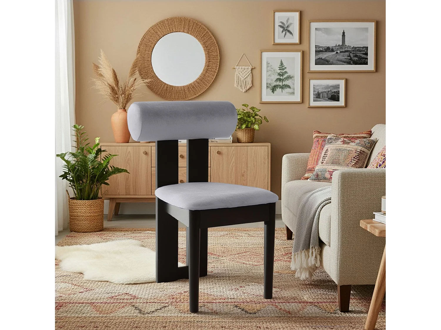 Chaise de salle à manger style intemporel Tuboli Bois Noir et Velours Gris