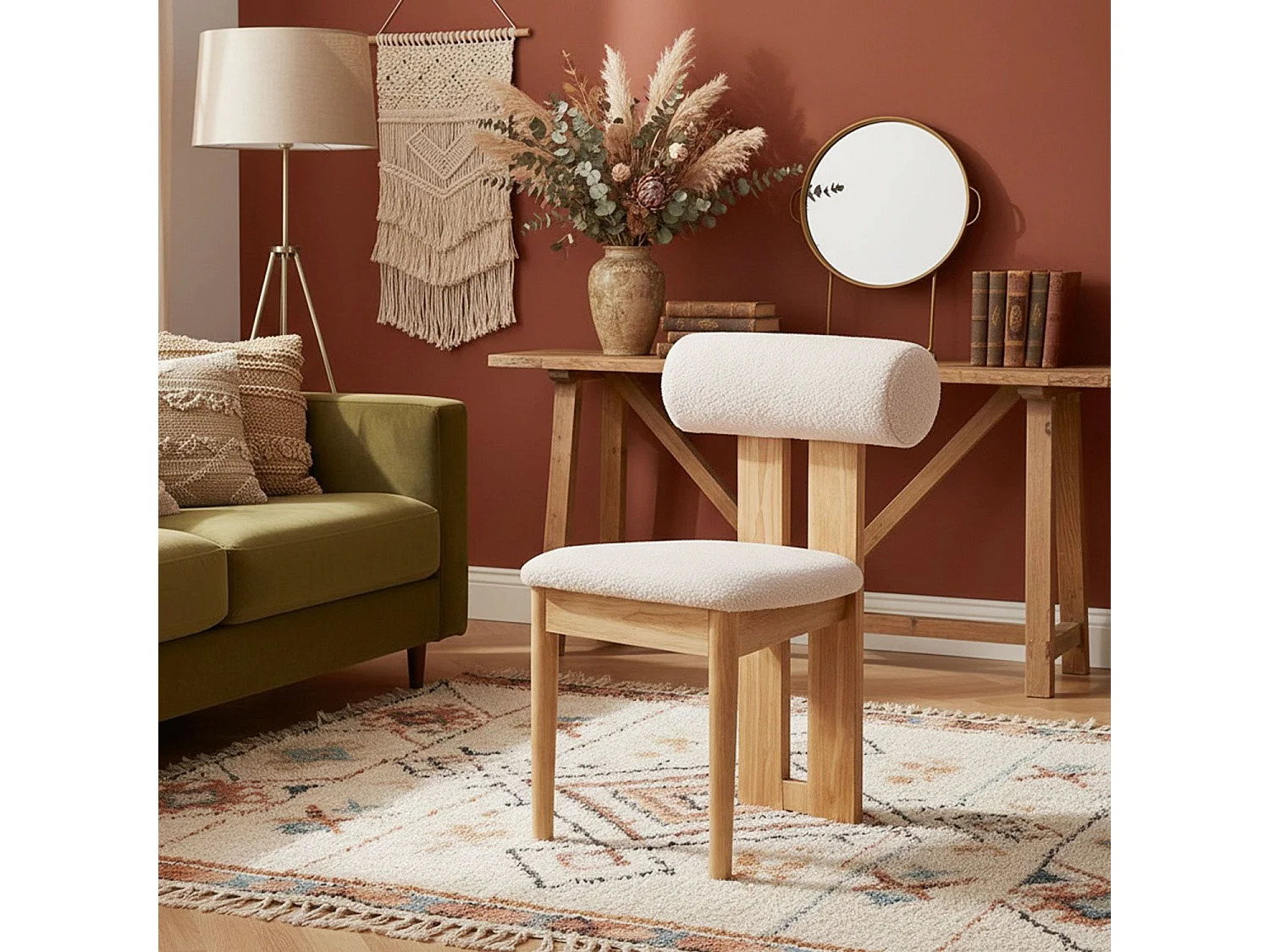Chaise de salle à manger style intemporel Tuboli Bois clair et Tissu bouclette Beige