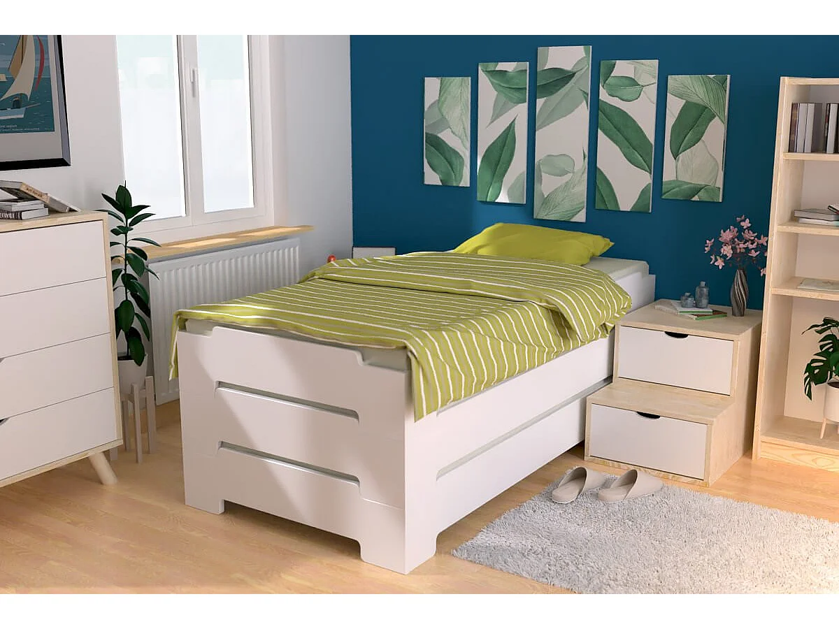 Lit Empilable 90x200 - 1 place en Bois Massif, Blanc
