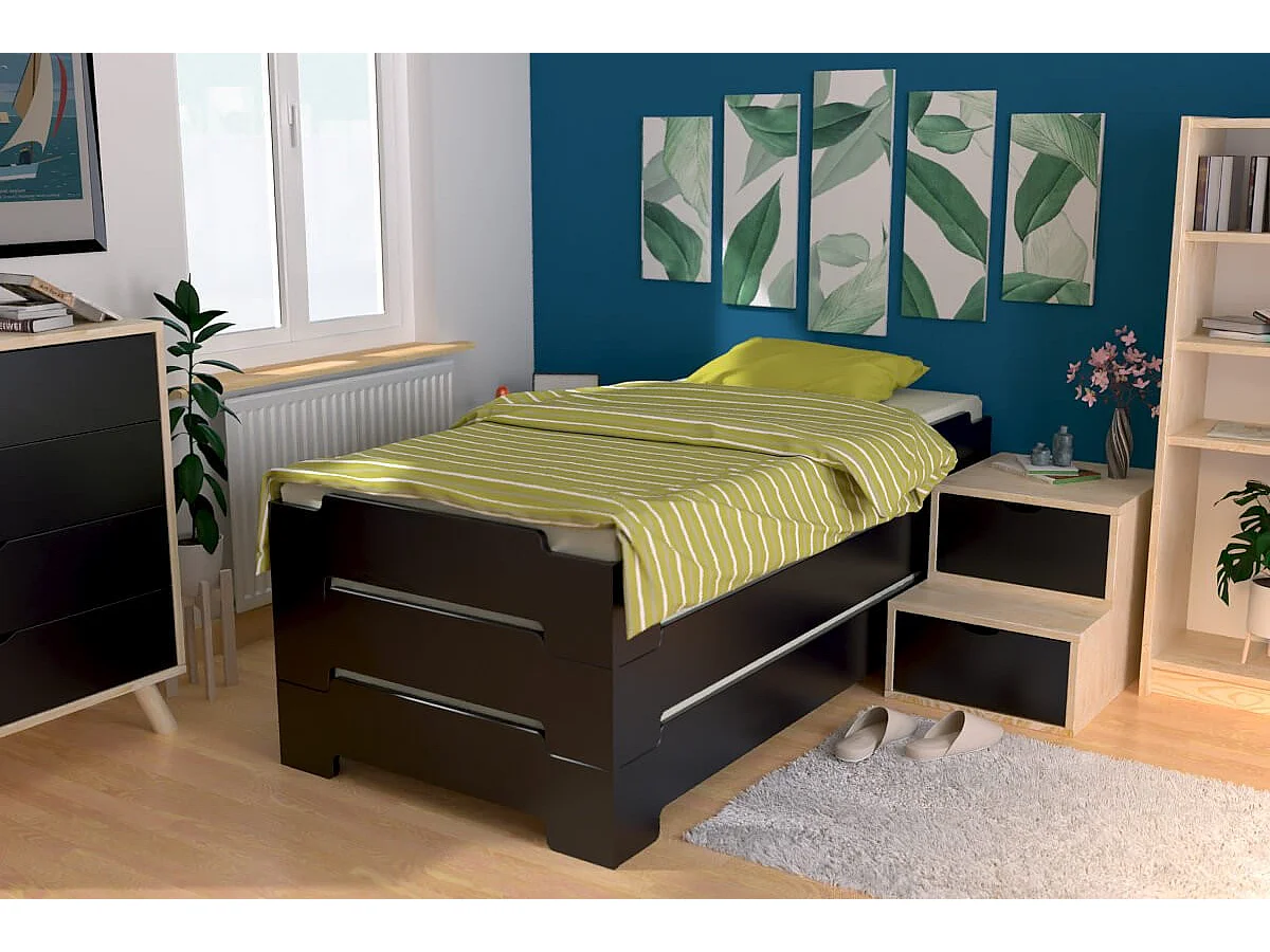 Lit Empilable 90x190 - 1 place en Bois Massif, Noir
