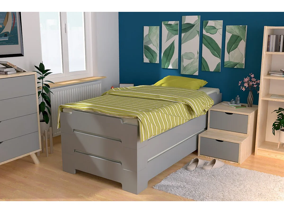 Lit Empilable 80x200 - 1 place en Bois Massif, Gris