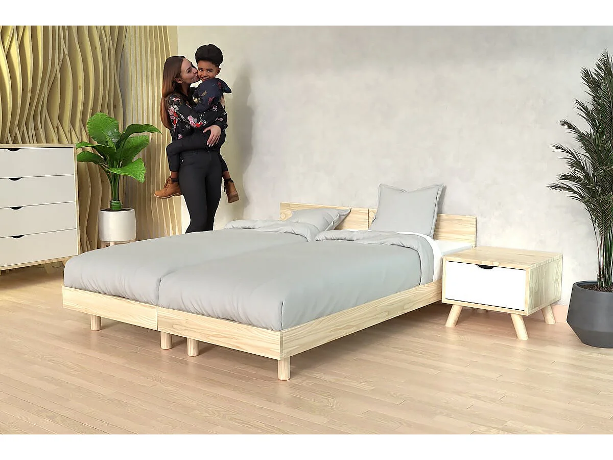 Lits jumeaux bois massif avec têtes Twin - 80x190, Vernis Naturel