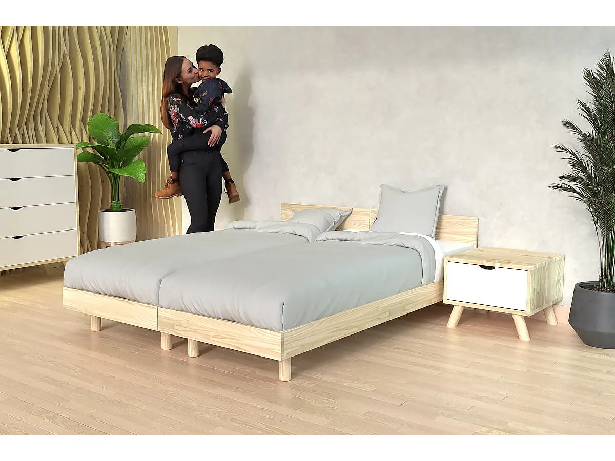 Lits jumeaux bois massif avec têtes Twin - 90x200, Brut (sans vernis)