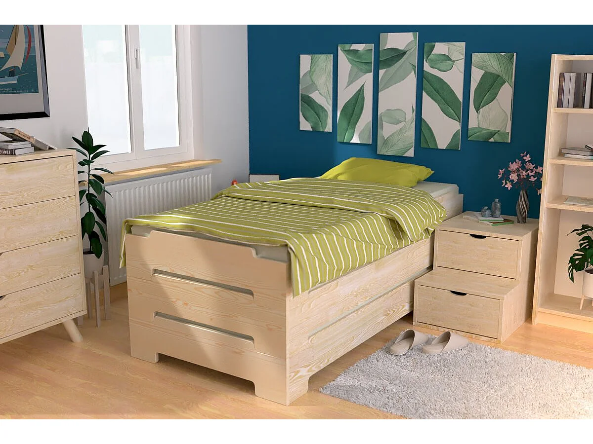 Lit Empilable 80x190 - 1 place en Bois Massif, Vernis Naturel