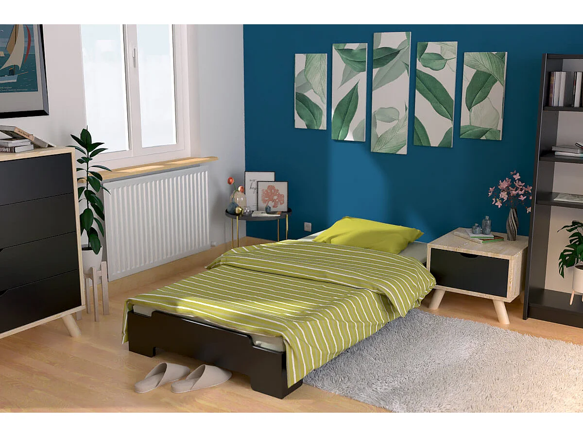 Lit Empilable 90x200 - 1 place en Bois Massif, Noir