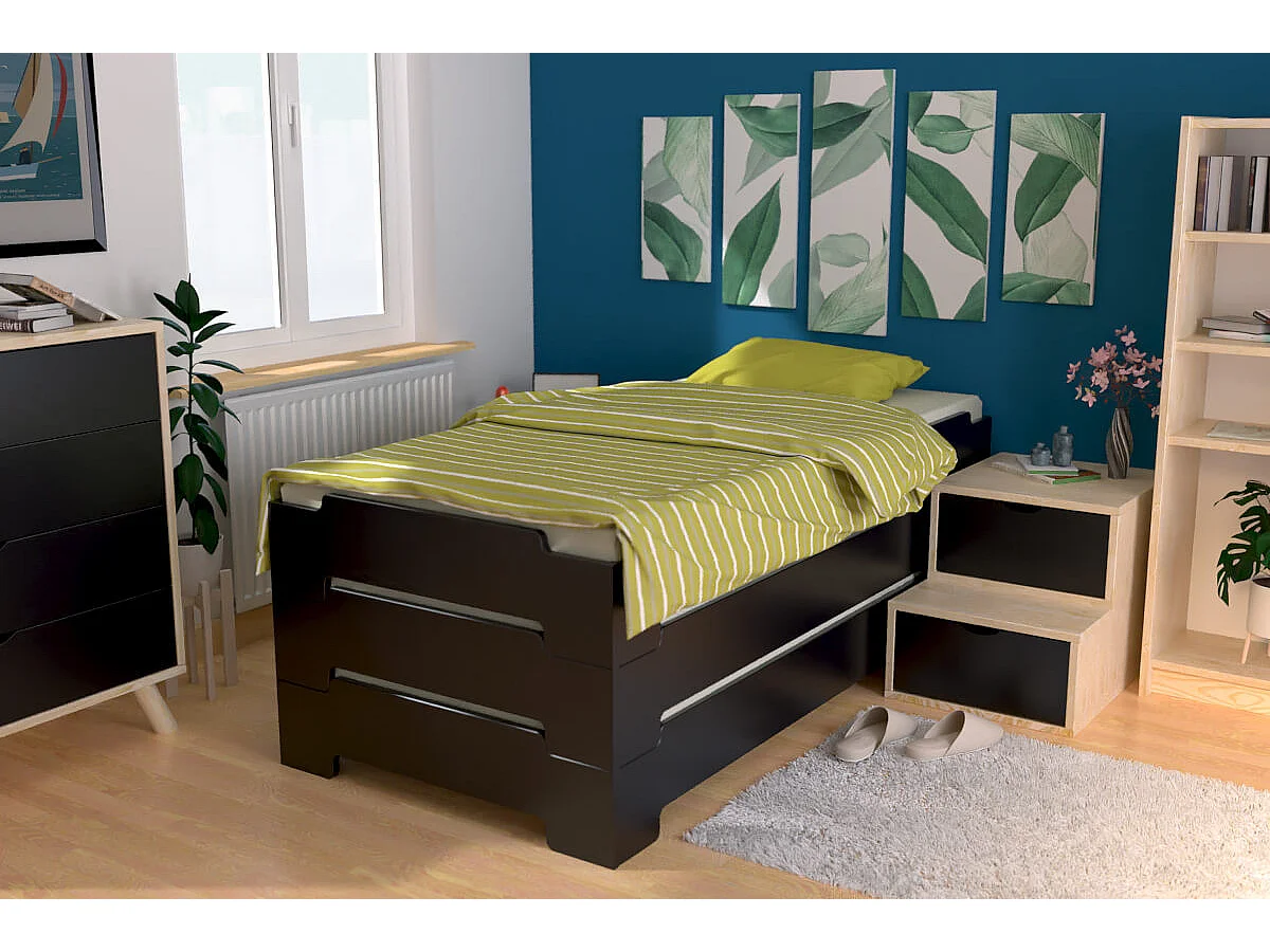 Lit Empilable 90x200 - 1 place en Bois Massif, Noir