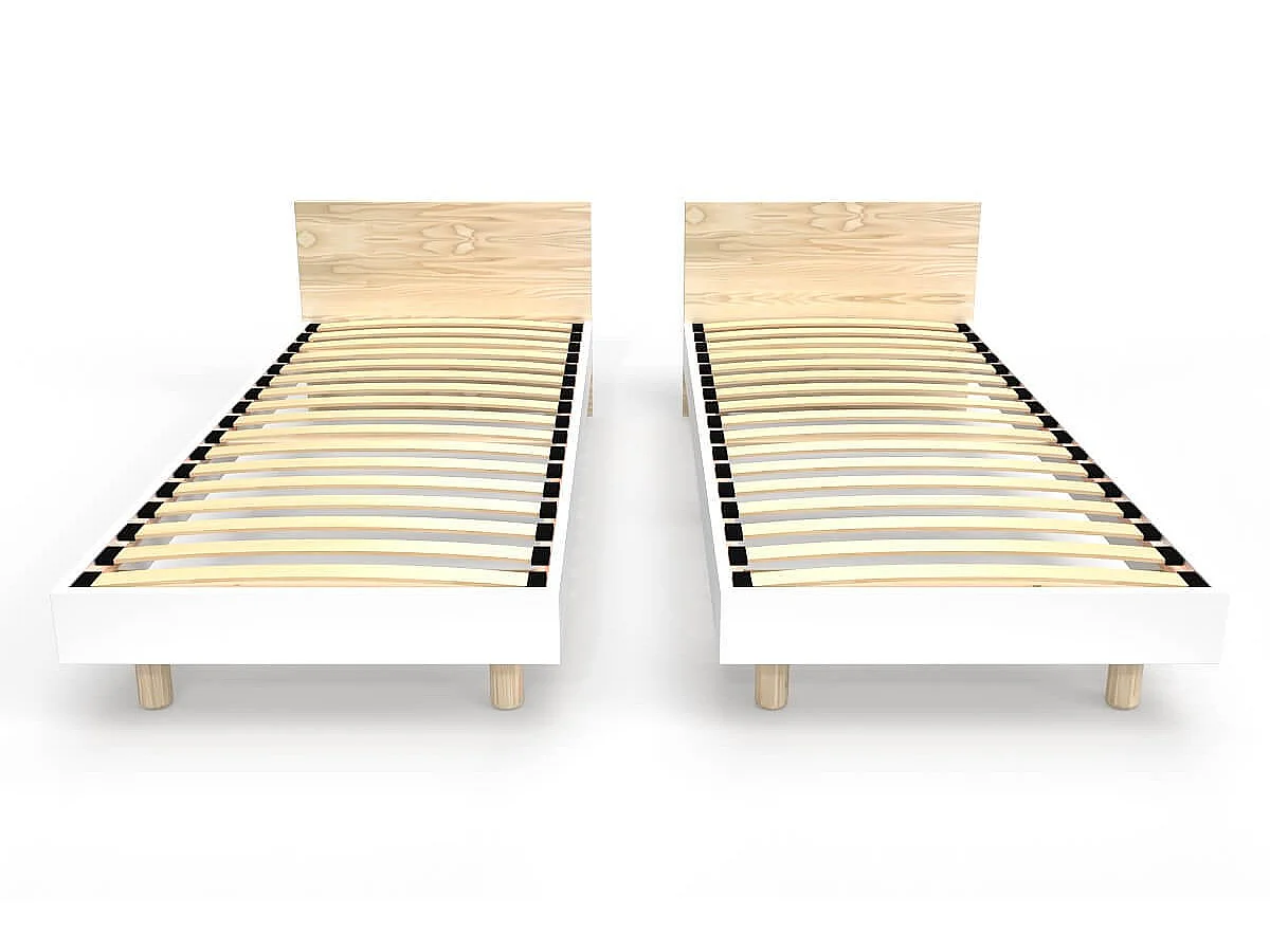 Lits jumeaux bois massif avec têtes Twin - 90x200, Vernis naturel/Blanc