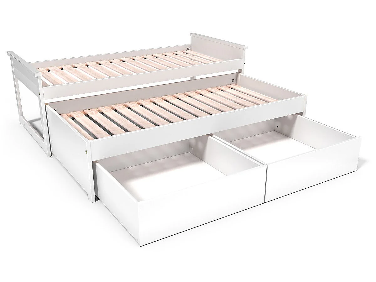 Lit Gigogne 90x200 Maxi en bois + tiroirs de rangement, Blanc