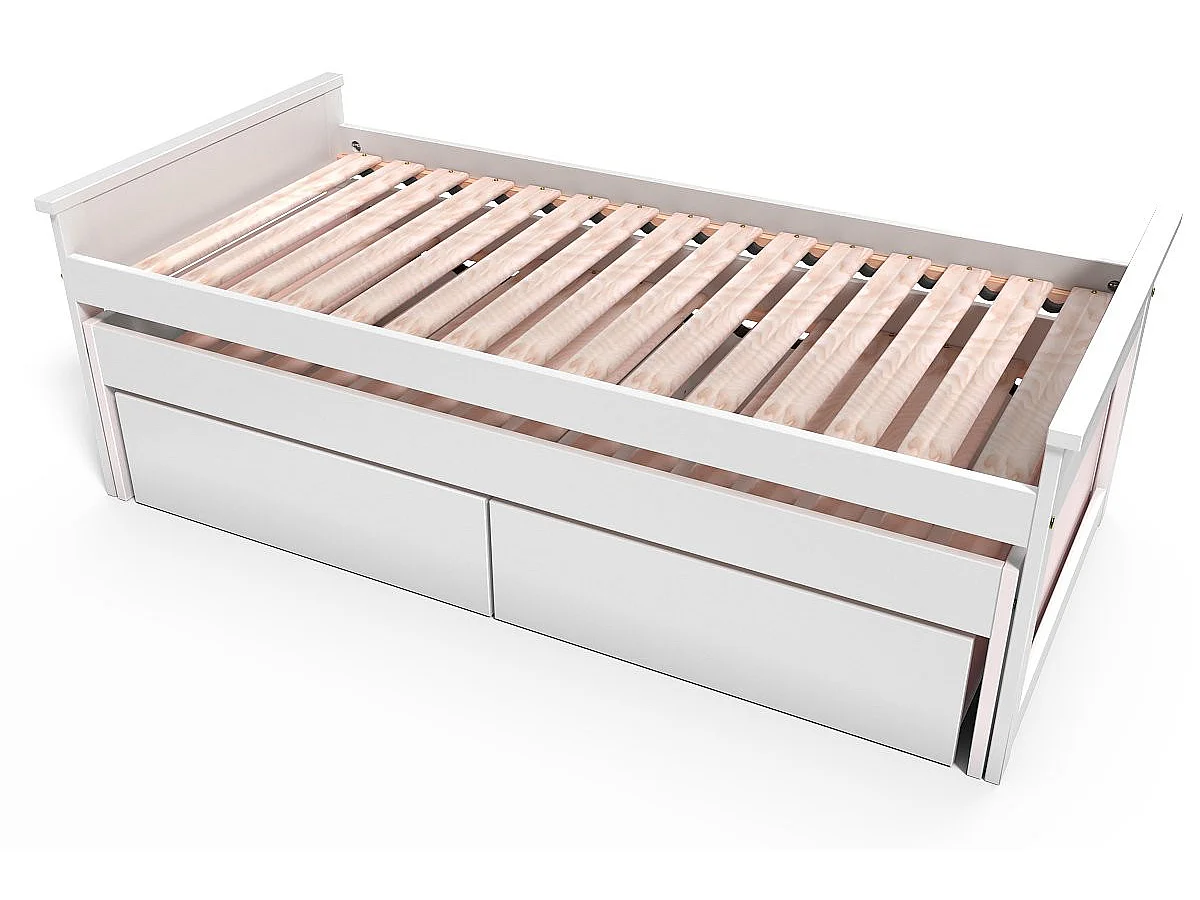 Lit Gigogne 90x200 Maxi en bois + tiroirs de rangement, Blanc